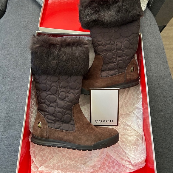 Coach Rabbit Trimmed Winter Boots in Brown - Picture 1 of 7